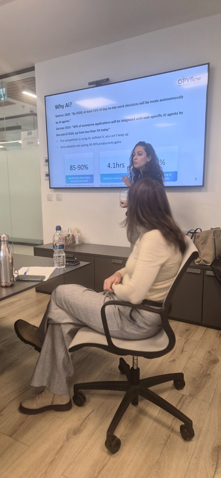 A trainer presents the “Why AI?” slide to workshop participants.